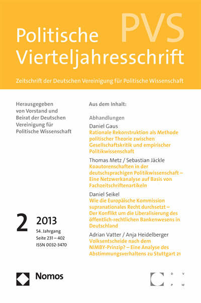 Cover der Ausgabe: PVS Politische Vierteljahresschrift Jahrgang 54 (2013), Heft 2