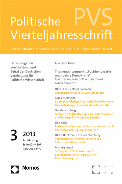 Cover der Ausgabe: PVS Politische Vierteljahresschrift Jahrgang 54 (2013), Heft 3