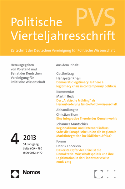 Cover der Ausgabe: PVS Politische Vierteljahresschrift Jahrgang 54 (2013), Heft 4