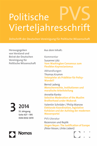 Cover der Ausgabe: PVS Politische Vierteljahresschrift Jahrgang 55 (2014), Heft 3