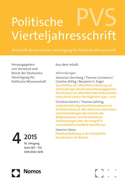 Cover der Ausgabe: PVS Politische Vierteljahresschrift Jahrgang 56 (2015), Heft 4