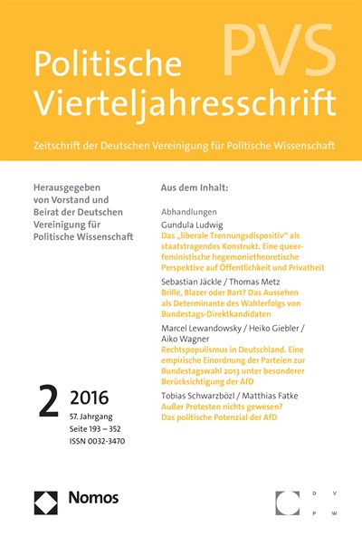 Cover der Ausgabe: PVS Politische Vierteljahresschrift Jahrgang 57 (2016), Heft 2