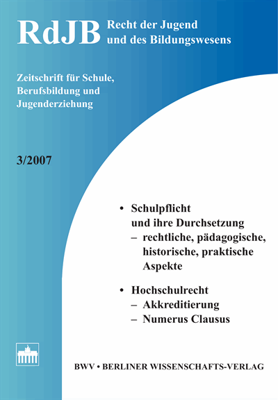 Cover of Volume: RdJB Recht der Jugend und des Bildungswesens Volume 55 (2007), Edition 3