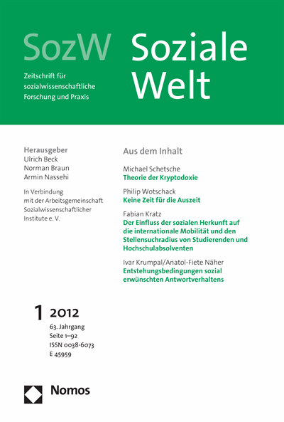 Cover der Ausgabe: SozW Soziale Welt Jahrgang 63 (2012), Heft 1