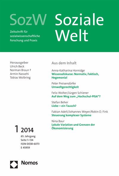 Cover der Ausgabe: SozW Soziale Welt Jahrgang 65 (2014), Heft 1