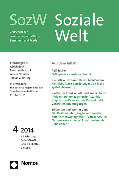 Cover der Ausgabe: SozW Soziale Welt Jahrgang 65 (2014), Heft 4