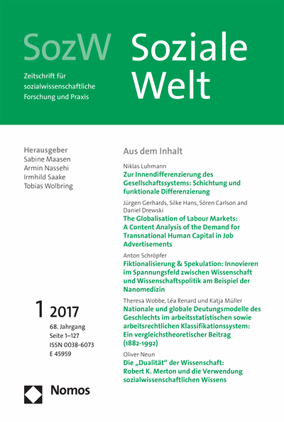 Cover der Ausgabe: SozW Soziale Welt Jahrgang 68 (2017), Heft 1