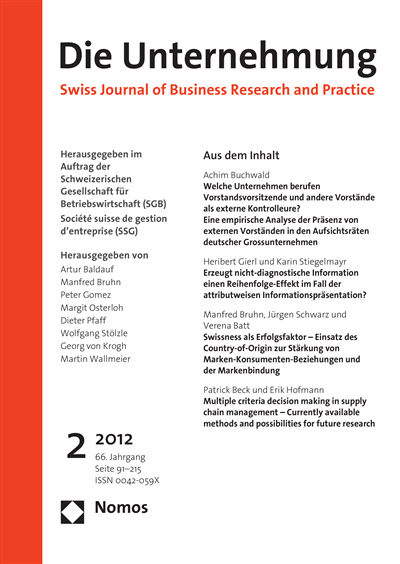 Cover of Volume: Swiss Journal of Business Volume 66 (2012), Edition 2