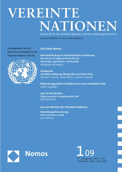 Cover der Ausgabe: VN Vereinte Nationen Jahrgang 57 (2009), Heft 1
