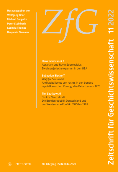 Cover der Ausgabe: Zeitschrift für Geschichtswissenschaft Jahrgang 70 (2022), Heft 11