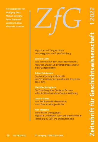 Cover der Ausgabe: Zeitschrift für Geschichtswissenschaft Jahrgang 70 (2022), Heft 1