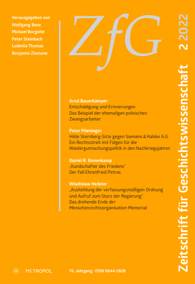Cover der Ausgabe: Zeitschrift für Geschichtswissenschaft Jahrgang 70 (2022), Heft 2