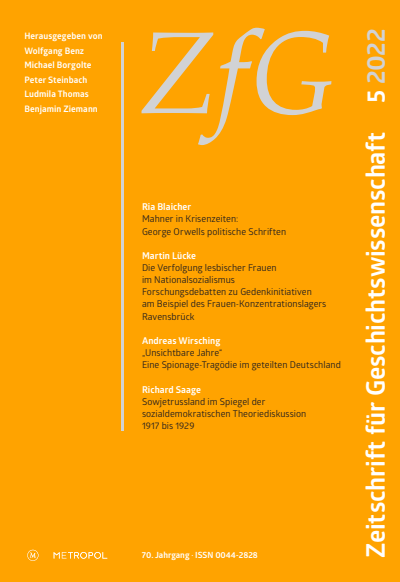 Cover der Ausgabe: Zeitschrift für Geschichtswissenschaft Jahrgang 70 (2022), Heft 5