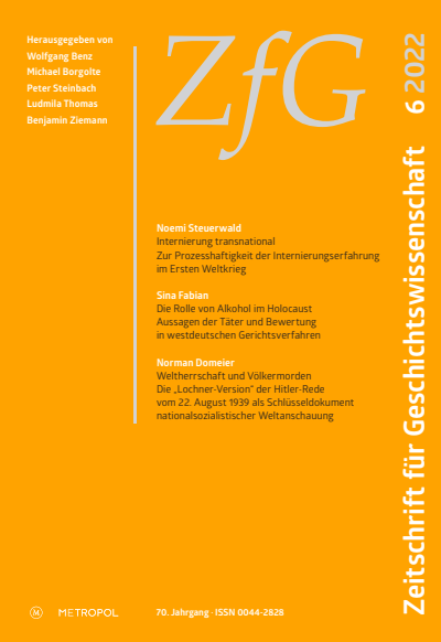 Cover der Ausgabe: Zeitschrift für Geschichtswissenschaft Jahrgang 70 (2022), Heft 6