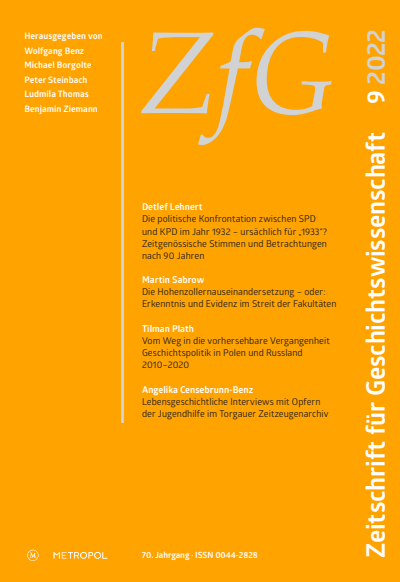 Cover der Ausgabe: Zeitschrift für Geschichtswissenschaft Jahrgang 70 (2022), Heft 9
