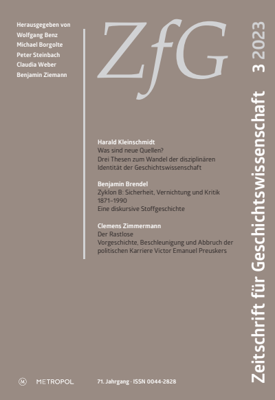 Cover der Ausgabe: Zeitschrift für Geschichtswissenschaft Jahrgang 71 (2023), Heft 3
