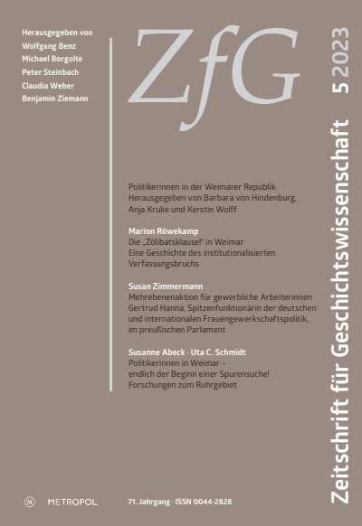 Cover der Ausgabe: Zeitschrift für Geschichtswissenschaft Jahrgang 71 (2023), Heft 5