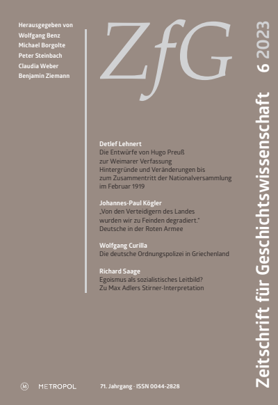 Cover der Ausgabe: Zeitschrift für Geschichtswissenschaft Jahrgang 71 (2023), Heft 6