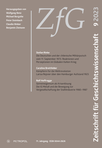 Cover der Ausgabe: Zeitschrift für Geschichtswissenschaft Jahrgang 71 (2023), Heft 9