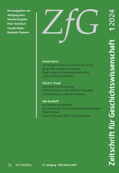 Cover der Ausgabe: Zeitschrift für Geschichtswissenschaft Jahrgang 72 (2024), Heft 1