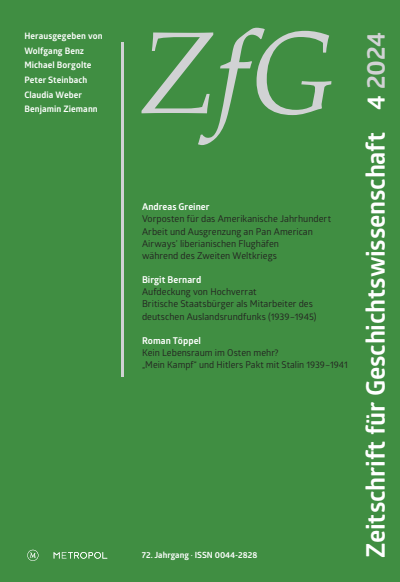 Cover der Ausgabe: Zeitschrift für Geschichtswissenschaft Jahrgang 72 (2024), Heft 4