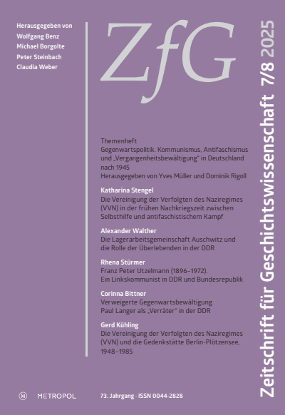 Cover der Ausgabe: Zeitschrift für Geschichtswissenschaft Jahrgang 73 (2025), Heft 7-8