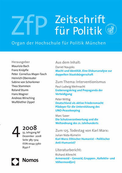 Cover der Ausgabe: ZfP Zeitschrift für Politik Jahrgang 55 (2008), Heft 4