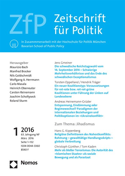 Cover der Ausgabe: ZfP Zeitschrift für Politik Jahrgang 63 (2016), Heft 1