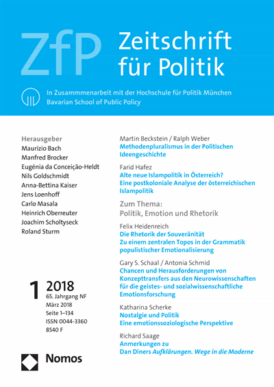 Cover der Ausgabe: ZfP Zeitschrift für Politik Jahrgang 65 (2018), Heft 1