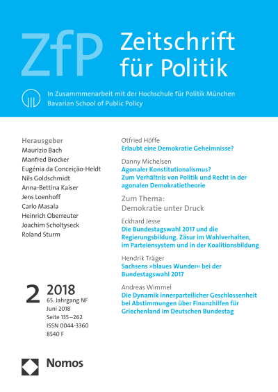 Cover der Ausgabe: ZfP Zeitschrift für Politik Jahrgang 65 (2018), Heft 2