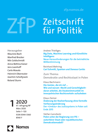 Cover der Ausgabe: ZfP Zeitschrift für Politik Jahrgang 67 (2020), Heft 1