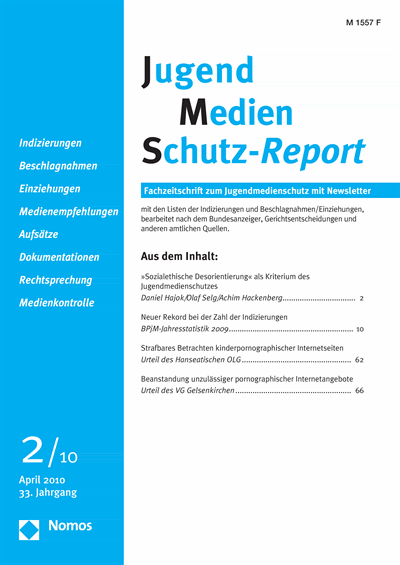 Cover der Ausgabe: JMS Jugend Medien Schutz-Report Jahrgang 33 (2010), Heft 2
