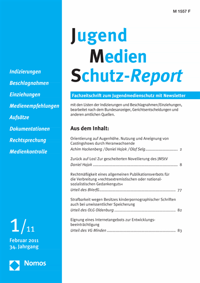 Cover der Ausgabe: JMS Jugend Medien Schutz-Report Jahrgang 34 (2011), Heft 1