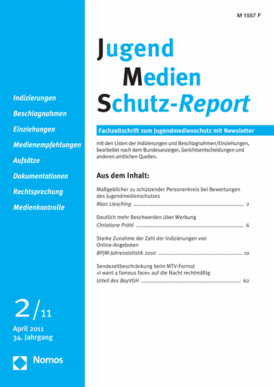 Cover der Ausgabe: JMS Jugend Medien Schutz-Report Jahrgang 34 (2011), Heft 2