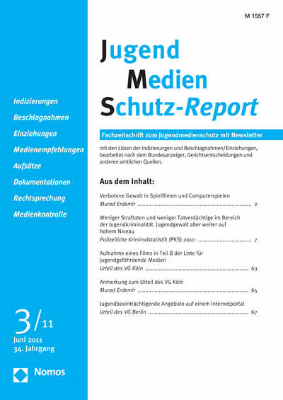 Cover of Volume: JMS Jugend Medien Schutz-Report Volume 34 (2011), Edition 3