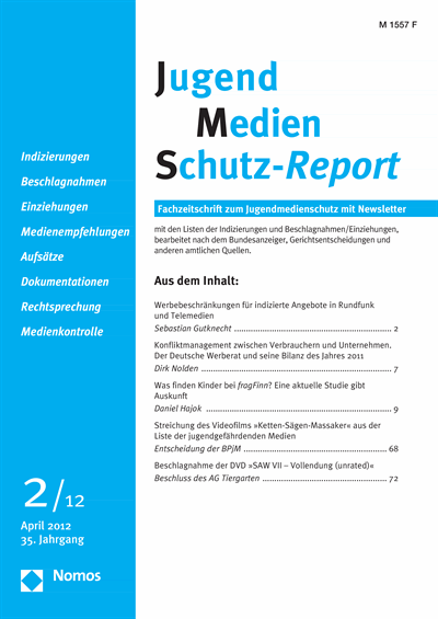 Cover der Ausgabe: JMS Jugend Medien Schutz-Report Jahrgang 35 (2012), Heft 2