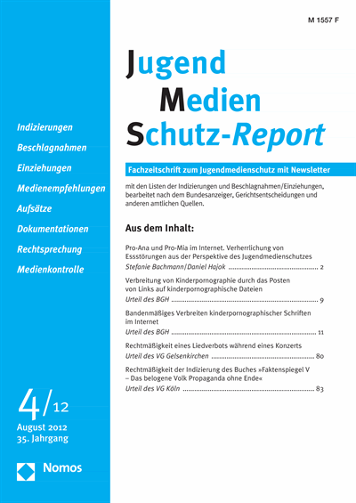 Cover der Ausgabe: JMS Jugend Medien Schutz-Report Jahrgang 35 (2012), Heft 4