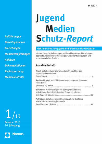 Cover der Ausgabe: JMS Jugend Medien Schutz-Report Jahrgang 36 (2013), Heft 1