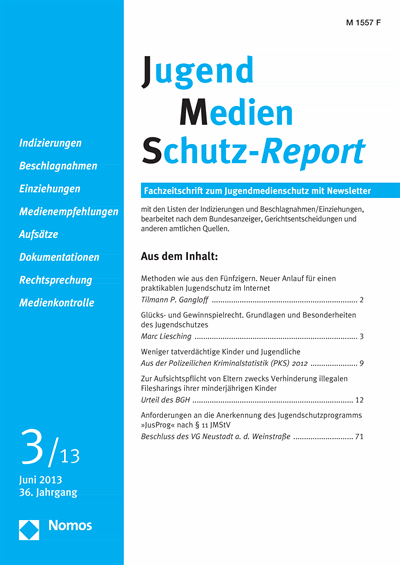 Cover der Ausgabe: JMS Jugend Medien Schutz-Report Jahrgang 36 (2013), Heft 3