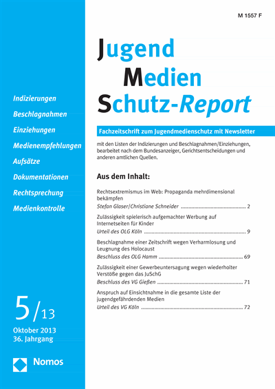 Cover der Ausgabe: JMS Jugend Medien Schutz-Report Jahrgang 36 (2013), Heft 5