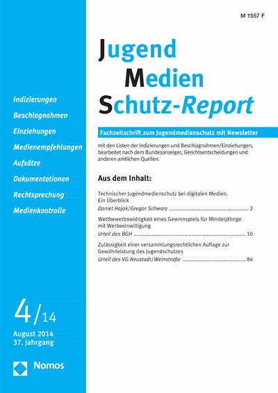 Cover der Ausgabe: JMS Jugend Medien Schutz-Report Jahrgang 37 (2014), Heft 4