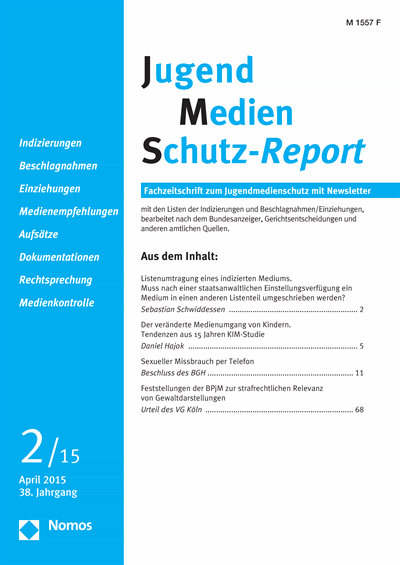 Cover der Ausgabe: JMS Jugend Medien Schutz-Report Jahrgang 38 (2015), Heft 2