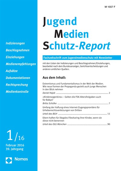 Cover der Ausgabe: JMS Jugend Medien Schutz-Report Jahrgang 39 (2016), Heft 1