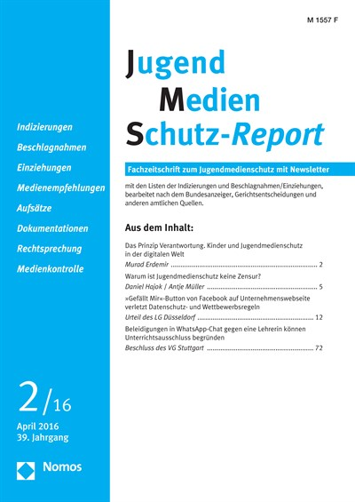 Cover der Ausgabe: JMS Jugend Medien Schutz-Report Jahrgang 39 (2016), Heft 2