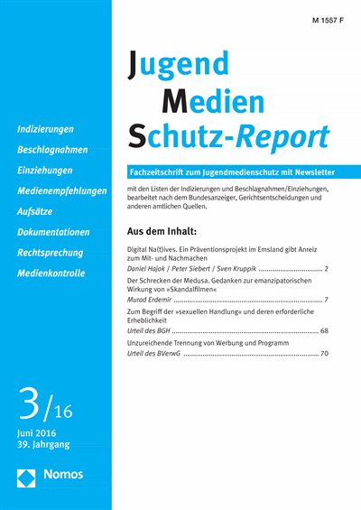 Cover der Ausgabe: JMS Jugend Medien Schutz-Report Jahrgang 39 (2016), Heft 3
