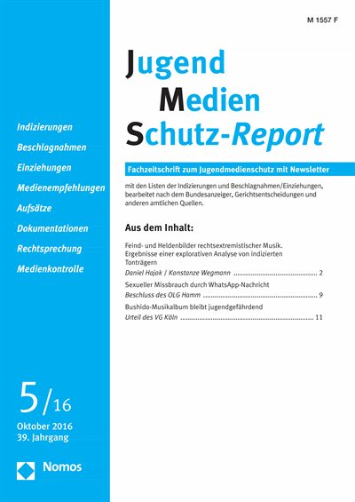 Cover of Volume: JMS Jugend Medien Schutz-Report Volume 39 (2016), Edition 5