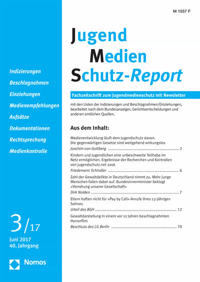 Cover der Ausgabe: JMS Jugend Medien Schutz-Report Jahrgang 40 (2017), Heft 3