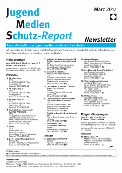 Cover der Ausgabe: JMS Jugend Medien Schutz-Report Jahrgang 40 (2017), Heft Newsletter 2