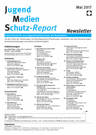 Cover der Ausgabe: JMS Jugend Medien Schutz-Report Jahrgang 40 (2017), Heft Newsletter 3