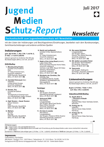 Cover der Ausgabe: JMS Jugend Medien Schutz-Report Jahrgang 40 (2017), Heft Newsletter 4